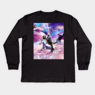 Laser Eyes Space Cat On Dinosaur Unicorn - Rainbow Kids Long Sleeve T-Shirt